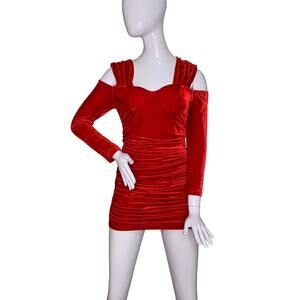 Boohoo NWT Velvet Bardot Cup Detail Mini Dress Size 4 Dark Red Cold Shou…